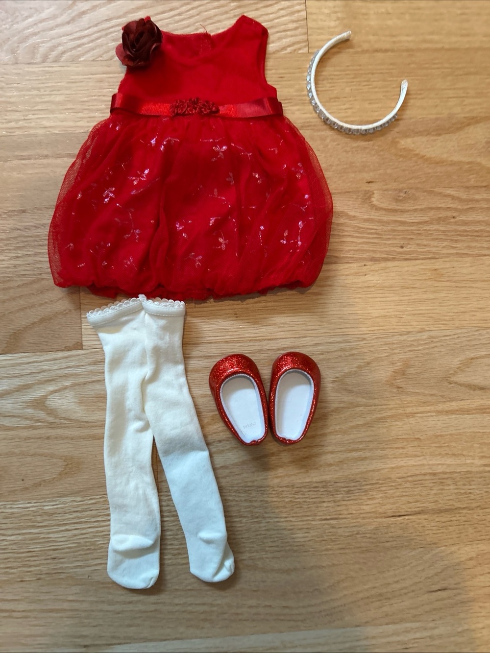American Girl 2013 Red Winter Party 18” Doll Dress, Headband, Stockings and Shoe